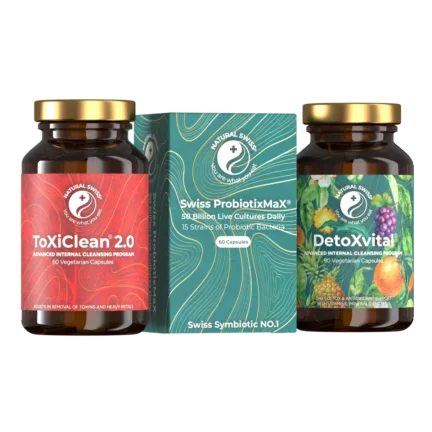 ToxiClean detoxikační kúra zahrnuje tři pečlivě vybrané produkty s obsahem přírodních účinných látek – kapsle ToxiClean, kapsle Detox Vital a kapsle Swiss Probiotix Max.